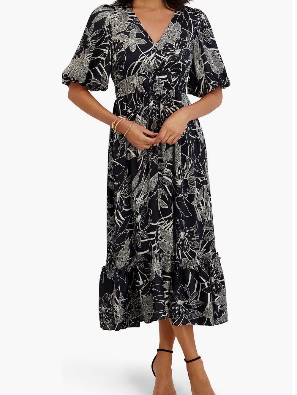 Kensie Designer Slate Floral V-Neck Puff Sleeve Midi Dress Lined Size 6
